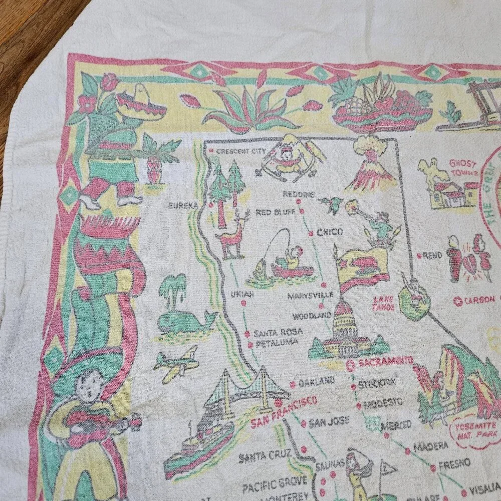 Vintage 40s Large Linen Kitchen Tea Towel California Souvenir Tourist Map 37x29